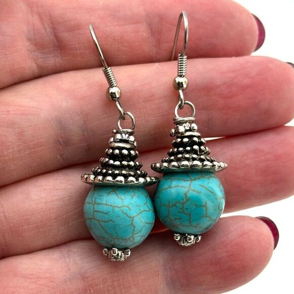 Turquoise Wagnerite Antique Silver Tone Earrings Surgical Steel Hooks - Picture 4 of 7